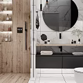 Modern Bathroom Interior With Wooden Wall Round Marble Mirror Black Cabinets And White Tiles