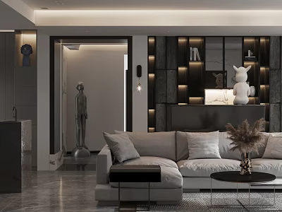 Modern Luxury Living Dining Room Interior With Grey Sofa Marble Coffee Table And Decorative Ornaments 3d model