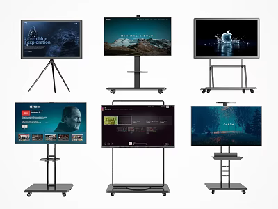 Multiple TV Screens on Mobile Stands Displaying Presentations Landscapes and Videos 3d model