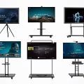 Multiple TV Screens on Mobile Stands Displaying Presentations Landscapes and Videos