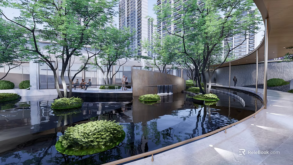 Modern Pergola in Urban Landscape with Water Pond and Green Plant Reflections 3d model 