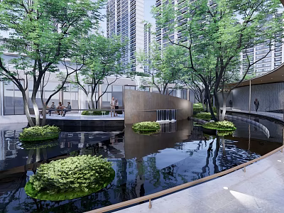 Modern Pergola in Urban Landscape with Water Pond and Green Plant Reflections 3d model