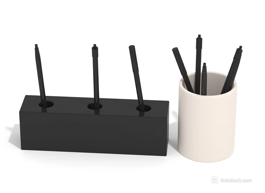 Practical Stationery Organizers Featuring Black Rectangular Holder And White Cylindrical Cup With Black Pens 3d model 