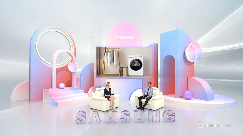 Samsung Live Stream Showcasing Home Appliances With Modern Geometric Decor And Hosts On Sofa 3d model 