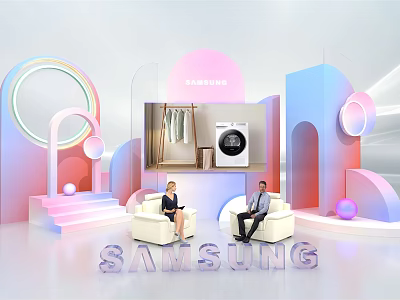 Samsung Live Stream Showcasing Home Appliances With Modern Geometric Decor And Hosts On Sofa 3d model