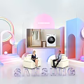 Samsung Live Stream Showcasing Home Appliances With Modern Geometric Decor And Hosts On Sofa