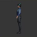 Woman in Blue Jacket and Cropped Top with Utility Belt Dark Pants on Minimalist Background