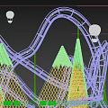 Creative Stage with Golden Roller Coaster Track Mountain Shaped Decor and Colorful Hot Air Balloons