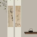 Traditional Chinese Bamboo Ink Painting Scrolls With Calligraphy And Tea Pot On Table