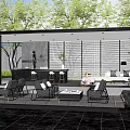 Modern Pergola Outdoor Living Space With Seating Greenery Bar Counter And Black Tiled Floor