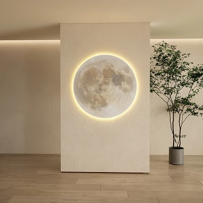 Minimalist Foyer Hallway With Illuminated Moon Decor And Potted Tree 3d model