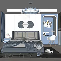 Blue Kids Room With Bed Cartoon Chandelier Stuffed Toy And Crown Wall Art