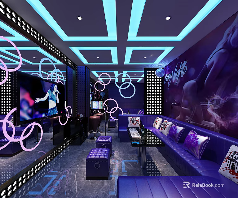 Modern KTV Interior Design With Purple Sofas Circular Lights And Mirrored Walls 3d model