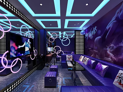 Modern KTV Interior Design With Purple Sofas Circular Lights And Mirrored Walls 3d model