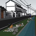 Modern Garden Landscape With Street Trees Flowers Car And Pedestrians Near Buildings