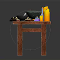 Witch Performing Magic Ritual With Yellow Candles Open Book Green Bowl Potion Herbs On Wooden Table