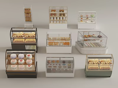 Dessert Shop Display Cabinets Filled With Assorted Pastries And Cakes 3d model