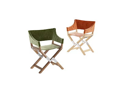 Green And Orange Canvas Leisure Chairs With Wooden Crossed Legs And Armrests 3d model