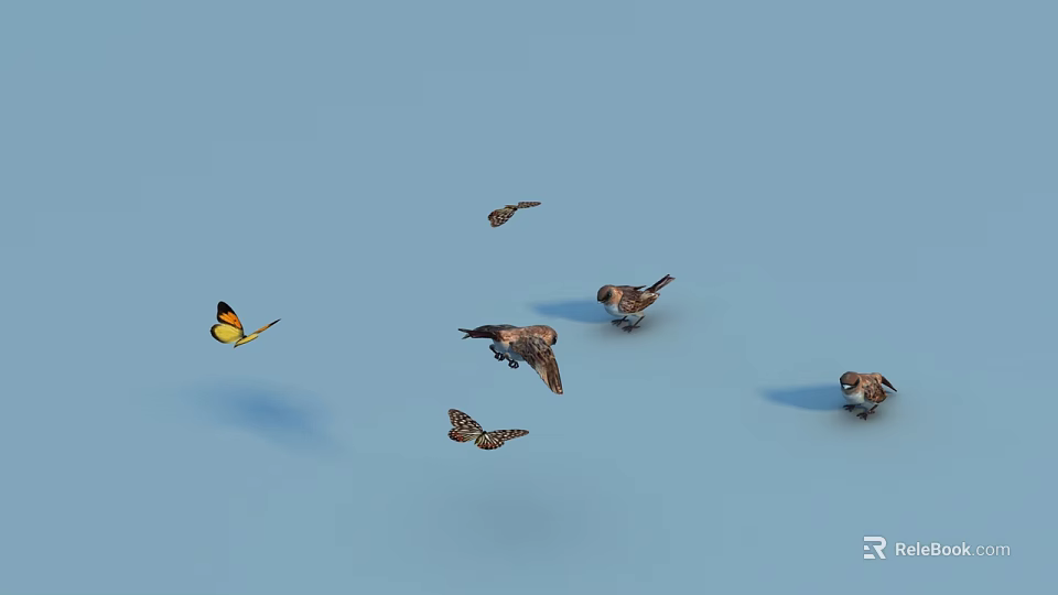Colorful Flying Animals Including Yellow Black Winged Butterflies And Brown Birds On Blue Background 3d model 