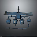 Blue Industrial Electrical Equipment With Rusty Metal Frame And Control Units