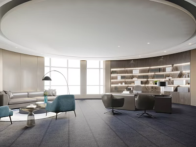 Modern Office Interior Design With Sofa Blue Armchairs Bookshelves And Large Windows 3d model