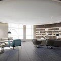 Modern Office Interior Design With Sofa Blue Armchairs Bookshelves And Large Windows 3d model