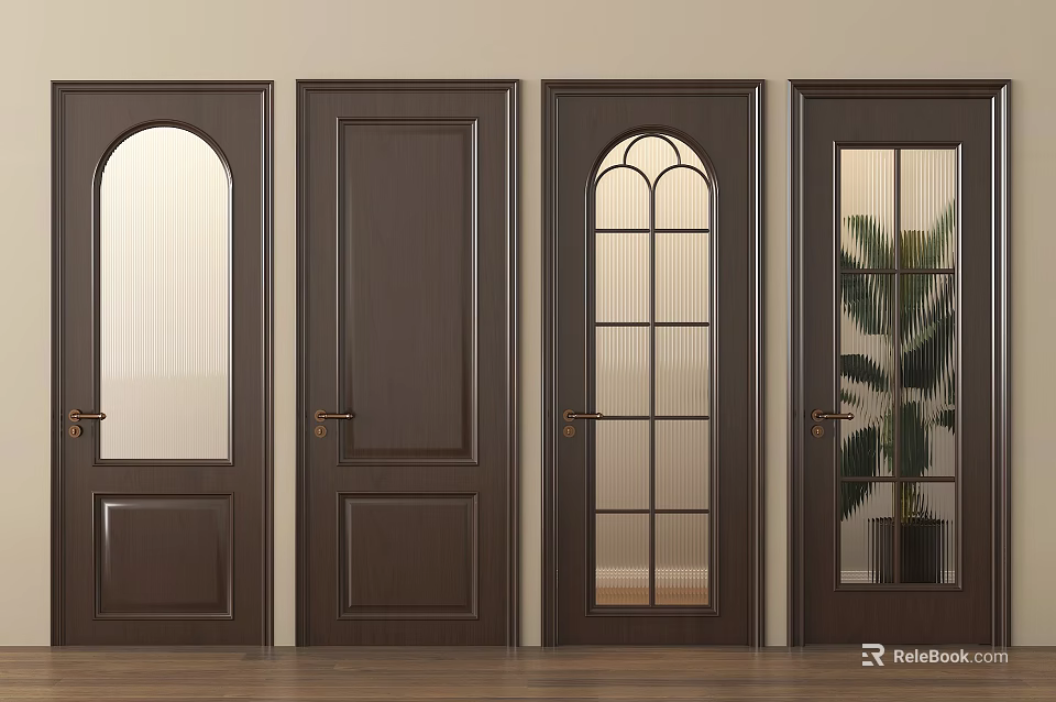 Wooden Hinged Doors In Dark Brown With Various Glass Designs For Interior Spaces 3d model 