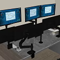 Ergonomic Multi Monitor Workstation With Marble Desktop Wooden Legs Black Office Chair And Natural Light