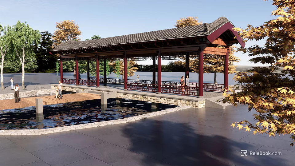 Chinese Style Landscape Bridge With Pavilion Over Pond And Autumn Trees 3d model 