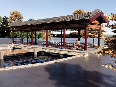 Chinese Style Landscape Bridge With Pavilion Over Pond And Autumn Trees 3d model