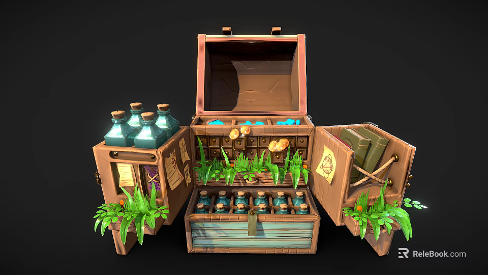 Open Wooden Chest With Bottles Plants Jars And Books Inside 3d model 