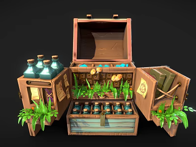 Open Wooden Chest With Bottles Plants Jars And Books Inside 3d model