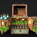 Open Wooden Chest With Bottles Plants Jars And Books Inside