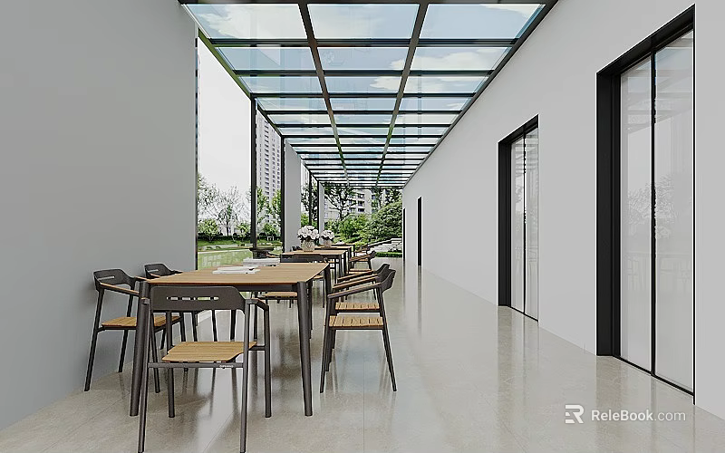 Modern Lounge Area Interior Design With Glass Ceiling Long Table And Green Plants 3d model 