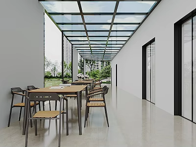 Modern Lounge Area Interior Design With Glass Ceiling Long Table And Green Plants 3d model