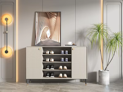 Elegant Modern Shoe Cabinet With Shoes Decorative Painting And Potted Plant 3d model