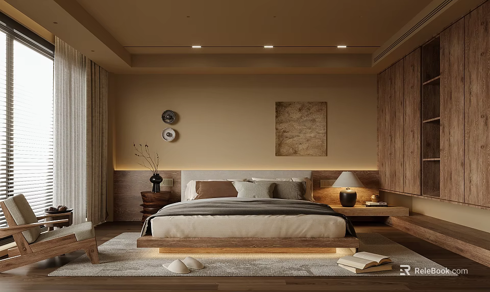 Modern Warm Bedroom Interior With Beige Walls Wooden Bed Table Lamp Rug And Decorative Painting 3d model 