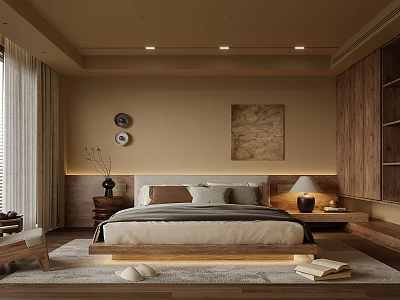 Modern Warm Bedroom Interior With Beige Walls Wooden Bed Table Lamp Rug And Decorative Painting 3d model