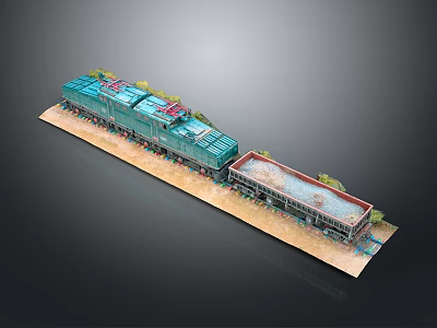 Blue Model Train Locomotive With Freight Car And Loaded Cargo On Display Base 3d model