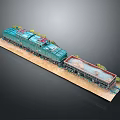 Blue Model Train Locomotive With Freight Car And Loaded Cargo On Display Base