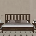 Wooden Double Bed With Vertical Slat Headboard Nightstands Lamp Plant And Patterned Rug