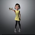 Little Girl In Yellow Polka Dot Dress Red Sleeves Black Leggings Holding Toy Gray Background