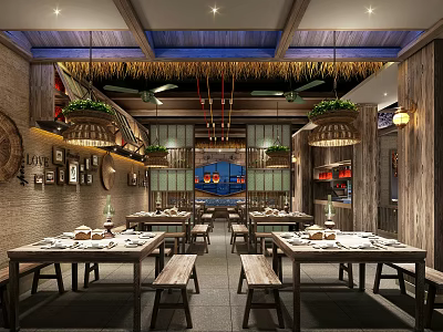 Traditional Chinese Restaurant Interior With Straw Ceiling Hanging Lamps Wooden Tables And Wall Decor 3d model