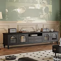 Vintage Black TV Stand With Glass Doors Storage And Decorative Ornaments On Retro Background