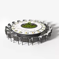 Modern Round Dining Table Set With Central Green Plant And Surrounding Chairs 3d model