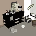 Modern Bookcase In Home Living Corner With Table Lamp Open Book And Decorative Plant