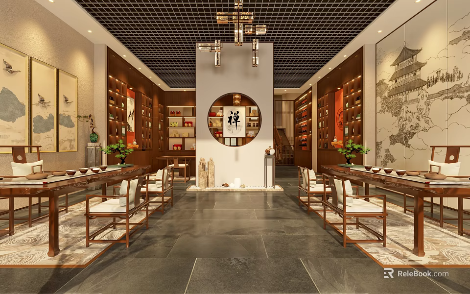 Zen Style Chinese Tea Room Interior With Wooden Bookshelves Tables Chairs Hanging Paintings And Chandeliers 3d model 