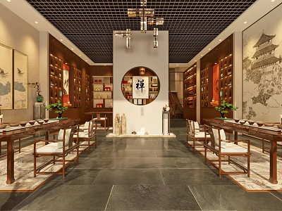 Zen Style Chinese Tea Room Interior With Wooden Bookshelves Tables Chairs Hanging Paintings And Chandeliers 3d model