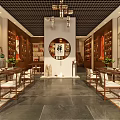 Zen Style Chinese Tea Room Interior With Wooden Bookshelves Tables Chairs Hanging Paintings And Chandeliers