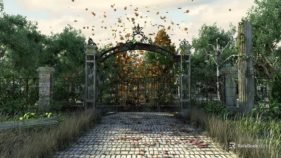 Building Exterior Wall With Ornate Iron Gate Falling Autumn Leaves Green Trees And Cobblestone Path 3d model 